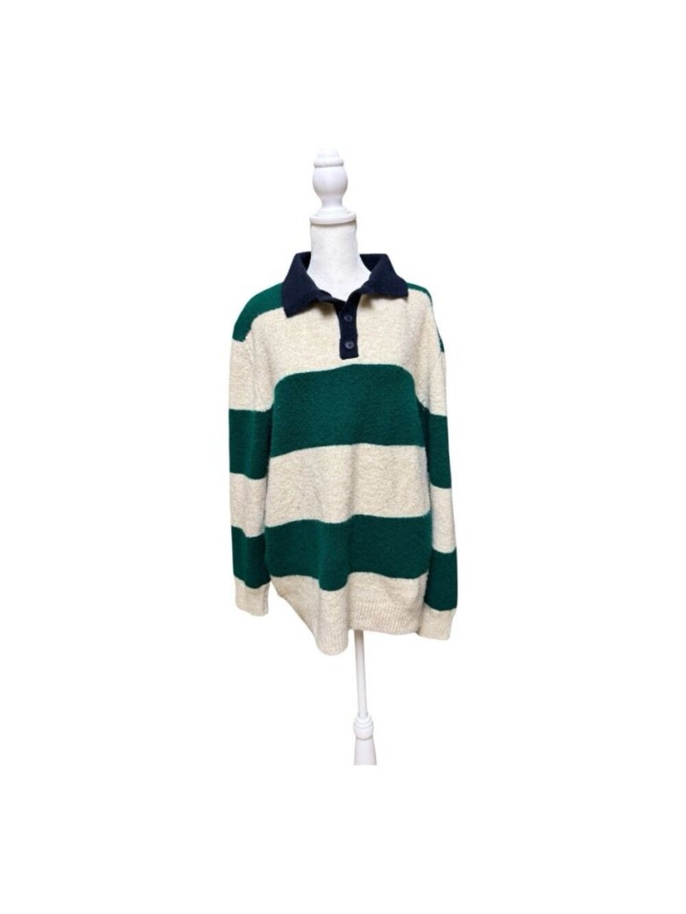 Zara Knit Wool Blend Rugby Sweater Green Ivory Striped Collared Men’s XL